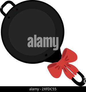 Round cast iron fry pan with handle and bow in cartoon style Top view. Isolated Promo design concept EPS Vector. Logo Sticker Icon Cards, posters, banner, brochure, billboard, price, label or web idea Stock Vector