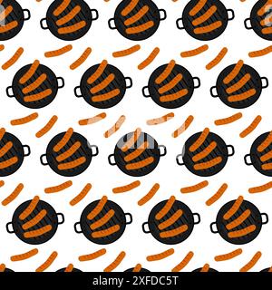 Fried sausages in a grill pan in trendy shades Seamless pattern Top view. Backdrop wallpaper concept. Vector EPS Isolated. Menu cards, poster, banner, brochure, price, label or web, promo idea Stock Vector