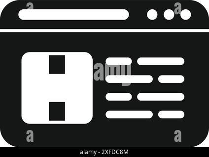 Black and white icon of a website displaying programming code, including a header and menu bar Stock Vector