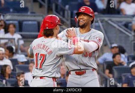 Bronx, United States. 02nd July, 2024. Cincinnati Reds Will Benson celebrates with Stuart Fairchild after he hits a 2-run home run in the fifth inning against the New York Yankees at Yankee Stadium on Tuesday, July 2, 2024 in New York City. Photo by John Angelillo/UPI Credit: UPI/Alamy Live News Stock Photo