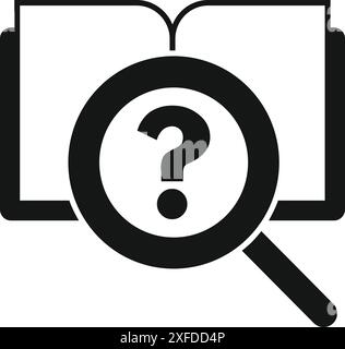 Black and white icon of a magnifying glass hovering over an open book, symbolizing research and the quest for information Stock Vector