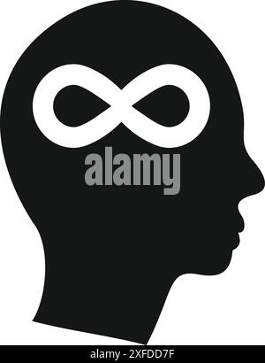 Black silhouette of a human head profile featuring a white infinity symbol, representing the concept of eternal knowledge Stock Vector
