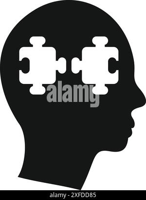 Black silhouette of a human head profile with two white jigsaw puzzle pieces connecting, symbolizing problem solving and critical thinking Stock Vector
