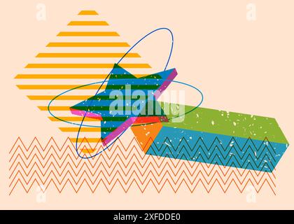 Colorful geometric shapes. Object in trendy riso graph design. Geometry elements abstract risograph print texture style. Stock Vector