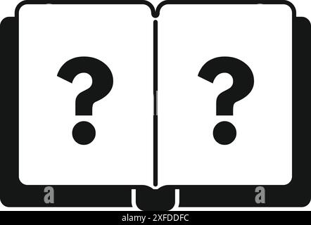 Black and white icon of an open book with question marks, representing the concept of searching for answers Stock Vector