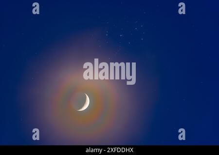 Moon and Pleiades in a haze. The conjunction of the waxing 4-day-old crescent Moon is seen below the Pleiades (upper centre), and set in a slightly hazy sky. The haze adds the colourful 'lunar corona' halo around the bright crescent of the Moon from diffraction effects in the high icy clouds. Earthshine is visible on the dark side of the Moon. Photographed on 25 March 2023. Stock Photo