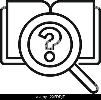 Magnifying glass is searching question mark over open textbook icon, line style Stock Vector