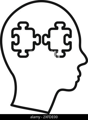 Line drawing of the human head in profile with two puzzle pieces forming a brain symbolizing thinking Stock Vector