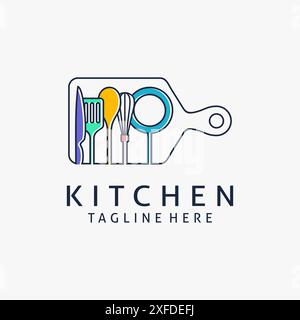 Cutting board and cooking utensils for kitchen logo design Stock Vector