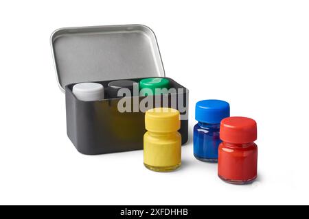 colorful poster color bottles with box or container isolated white background, mock-up template without label, bright paints for artwork craft project Stock Photo