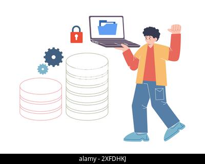 Database sharing file transfer folder document young man holding laptop file access to database Stock Vector