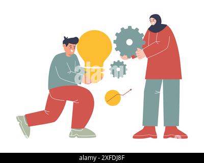 Man giving creative idea bulb lamp for working gears symbol of ideas generation and technology transaction Stock Vector