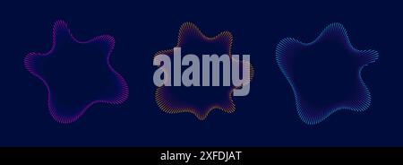 Colorful radial sound wave line pattern set. Circular audio, music, voice icon collection. Linear undulate wavy equalizer spectrum symbol pack. Purple, orange, blue sunburst bundle. Vector soundwaves Stock Vector