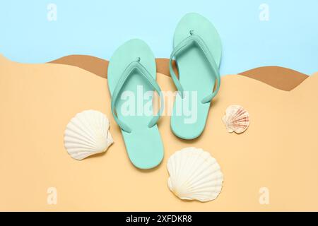 Flip flops with seashells on colorful background Stock Photo