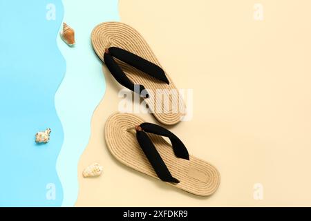 Flip flops with seashells on colorful background Stock Photo
