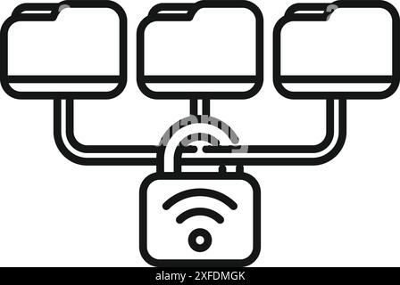 Wifi symbol inside a closed padlock securing data folders, representing network security Stock Vector