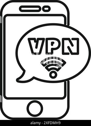 Line art style icon of a smartphone showing a speech bubble containing the acronym vpn and a wifi symbol, representing the concept of a vpn Stock Vector