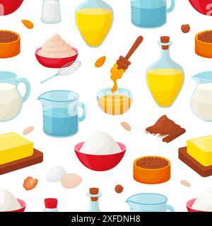 Baking food seamless pattern. Raw ingredients for pastry and cooking. Sugar powder, flour, eggs honey and milk jug. Kitchen neoteric vector print Stock Vector