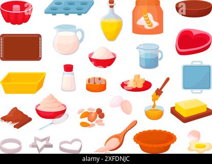 Cooking tools. Baking tray and ingredients, shapes for cookies. Raw food, butter flour sugar powder and oil. Milk and water in jugs, neoteric vector Stock Vector