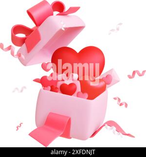 Romantic surprise box 3d design. Pink and red hearts, letter and confetti. Open gift with love elements inside. Realistic render vector concept Stock Vector