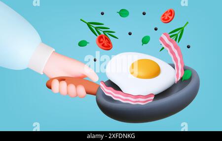 Female hand hold frying pan. 3d cooking concept. Woman cook breakfast, fried eggs with bacon greens tomatoes and pepper. Render realistic food vector Stock Vector