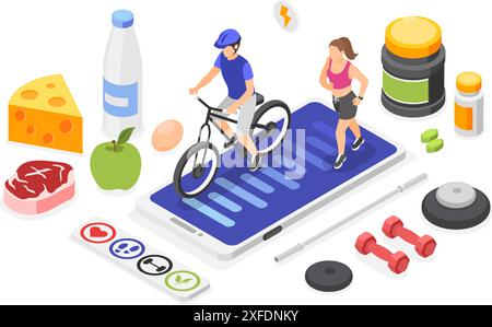 Isometric sport and healthy lifestyle. Cycling and running tracking in app on smartphone. Fresh food, workout tools and dietary supplements, flawless Stock Vector