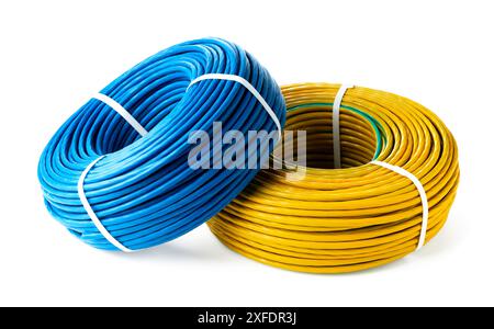Blue And Yellow Electrical Wire Spools Isolated On White Background Stock Photo