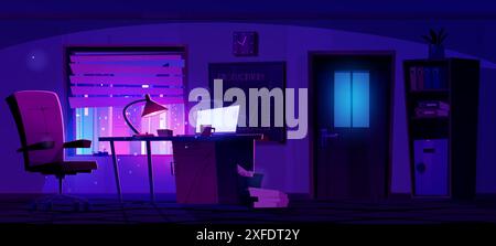 Night empty business office room interior with glow computer monitor on desk and cabinet with documents, blackboard with graph and neon city outside window. Cartoon vector dark evening workspace. Stock Vector
