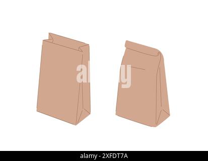 Lunch package. Paper food craft bags closed and opened. Grocery lunch folded product bags illustration set. Stock Vector