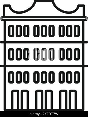 Three story building with many windows and a unique roofline Stock Vector