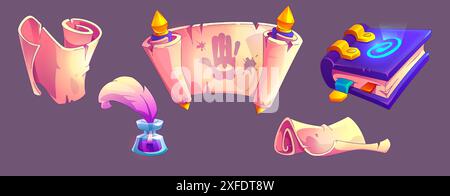 Parchment scrolls and ancient spell book set isolated on background. Contemporary vector cartoon illustration of ancient papyrus sheets with mysterious symbols, ink and feather on glass bottle Stock Vector