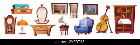 Vintage furniture set isolated on white background. Vector cartoon illustration of antique shop goods, wooden bookcase, armchair, mirror, old clock and lamp, pictures, suitcases, museum collection Stock Vector