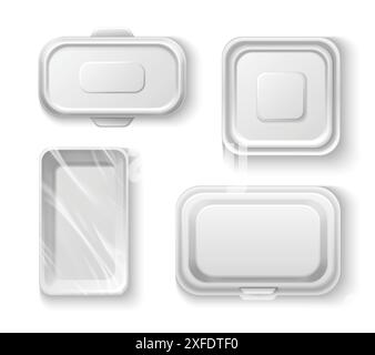 White plastic container and styrofoam tray with transparent wrap foil cover. Realistic 3d vector top view box mockup for product storage and take away concept. package for lunch and meal keeping. Stock Vector