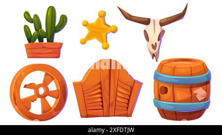 Wild west saloon decorative elements. Cartoon vector set of cowboy tavern creation objects - wooden double doors and barn with drinks, broken wood wheel and cactus in pot, sheriff star and cow skull. Stock Vector