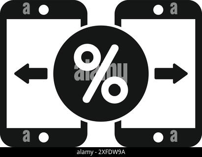 Black and white icon of two smartphones exchanging data with a percentage symbol, representing online money transferring Stock Vector