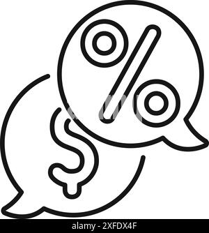 Line art style icon of two speech bubbles overlapping, one with a percent sign and the other with a dollar sign, representing a conversation about finances Stock Vector