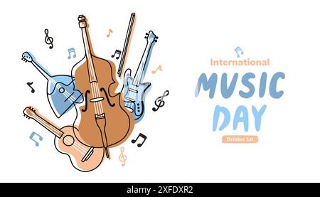 Vector Line Art for International Music Day. Instruments in Flat Handwritten Style Stock Vector