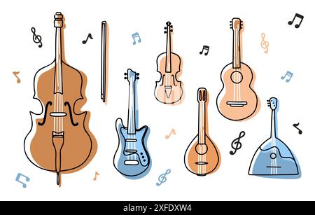 Vector Line Art Music Instruments Set in Flat Style. Guitar, Violin and Cello, Balalaika and Mandoline Stock Vector