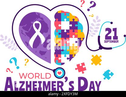 World Alzheimer's Day Vector Illustration featuring an Elderly and a Brain Jigsaw Puzzle Symbolizing Memories on a Purple Ribbon Flat Background Stock Vector