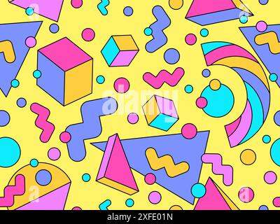 Geometric seamless pattern in 80s style. Colorful geometric pattern with isometric geometric 3D shapes. Design of promotional products, wrapping paper Stock Vector