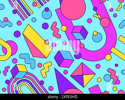 Geometric seamless pattern in 80s style. Colorful geometric pattern with isometric geometric 3D shapes. Design of promotional products, wrapping paper Stock Vector