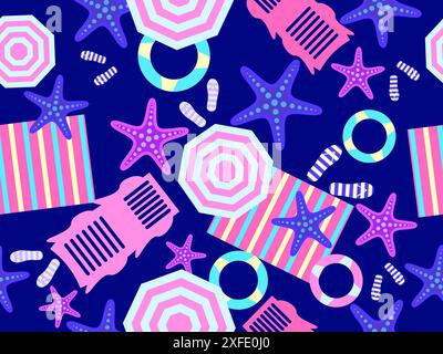 Summer beach seamless pattern with starfish, beach umbrellas and inflatable rings and sun loungers. Beach top view for wallpapers, wrappers, covers, b Stock Vector