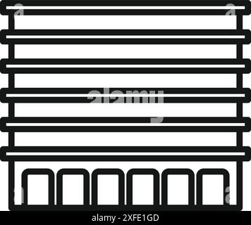 Simple black and white line drawing of a multi storey car park building facade with an entrance on the ground floor Stock Vector