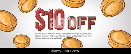 $10 off editable web banner template.flying coin money. clean modern banner concept vector illustration. Stock Vector