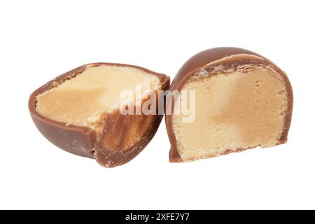 chocolate candies with marzipan isolated on white background. Chocolate sweets isolated on a white background. Stock Photo