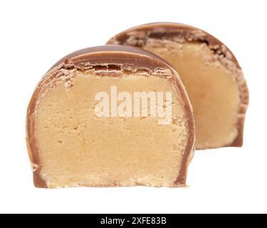 chocolate candies with marzipan isolated on white background. Chocolate sweets isolated on a white background. Stock Photo
