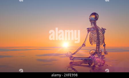 3d render of a glass skeleton meditating on the beach in the morning Stock Photo