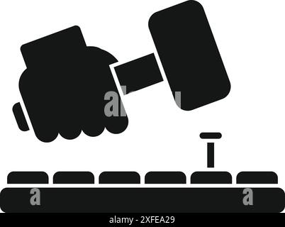 Hand is holding a dumbbell and using it to hammer a nail into a board Stock Vector