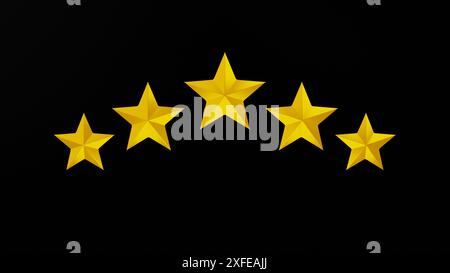 Five bright golden stars on a black background. Stock Photo