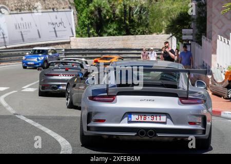 Monte Carlo, Monaco - View on a grey Porsche 991 GT3 RS driving on the road in the Fairmont Hairpin. Stock Photo